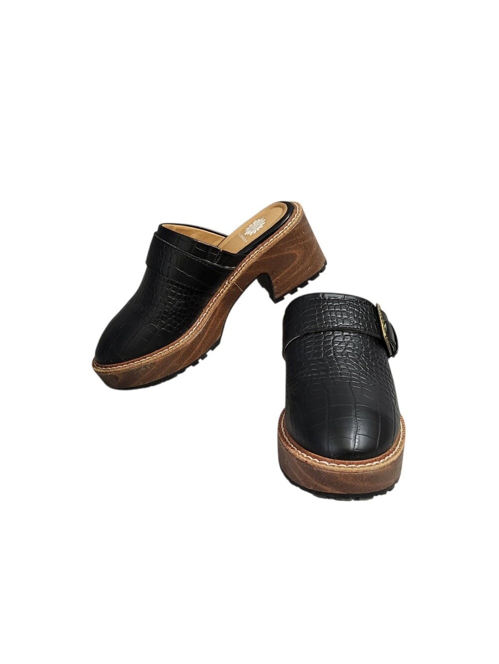 Yellow Box Barker Clogs Women's 6 M Black Wood Platform Chunky Textured Buckle